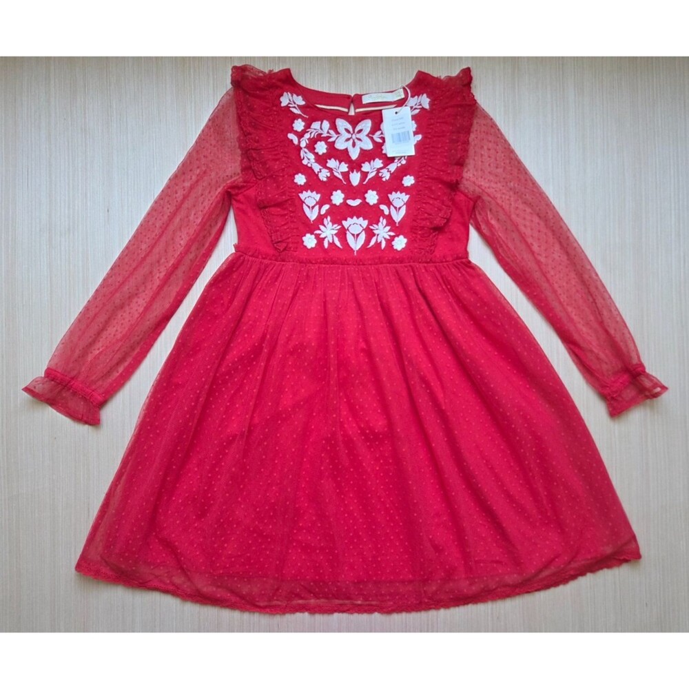 Mini Boden Dress Girls 9-10Y Red Embroidered Floral Mesh Long Sleeve Swiss Dots